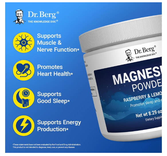 Dr. Berg Magnesium Glycinate Powder Raspberry & Lemon Flavor - 50 Servings