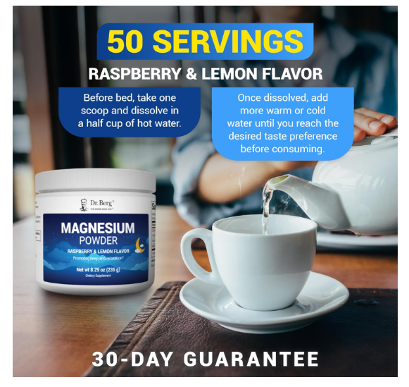Dr. Berg Magnesium Glycinate Powder Raspberry & Lemon Flavor - 50 Servings