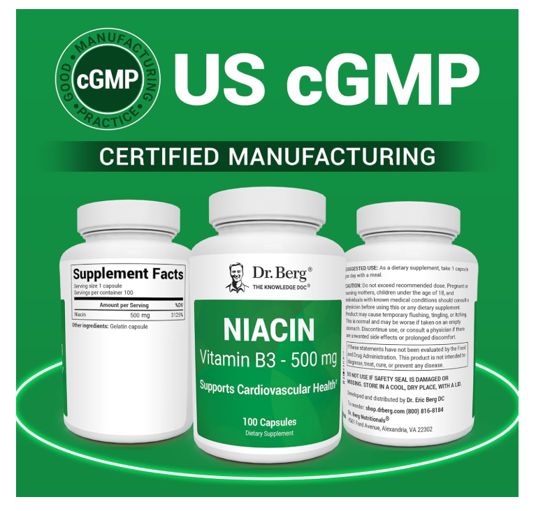 Niacin - 500 mg of Vitamin B3 - 100 Gelatin Capsules