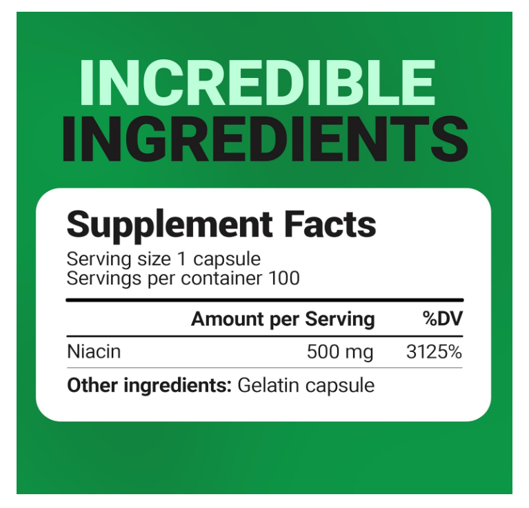 Niacin - 500 mg of Vitamin B3 - 100 Gelatin Capsules