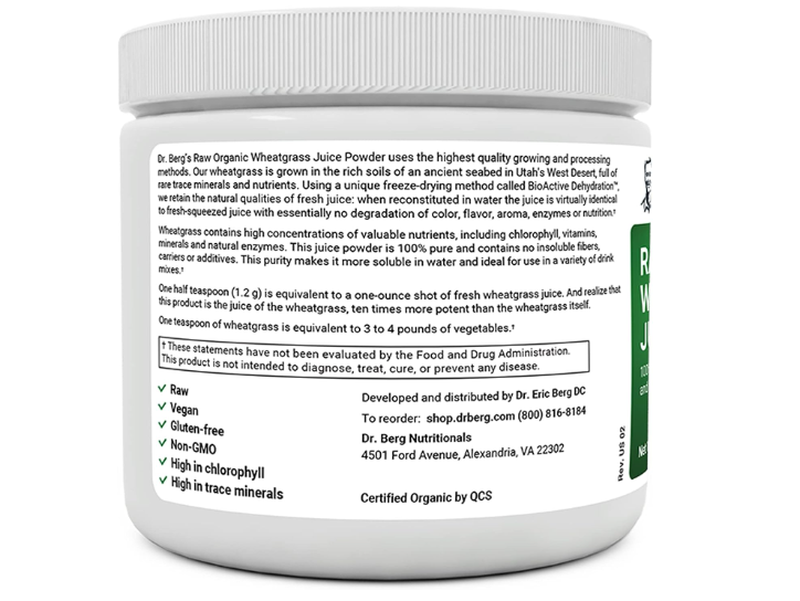 Dr. Berg Raw Wheatgrass Juice Powder - 100% Organic & Cold-Pressed - 60-Servings