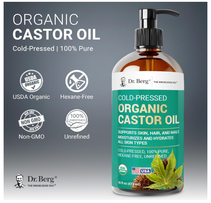 Dr. Berg 100% Pure Organic Castor Oil - Unrefined Cold-Pressed & Hexane-Free 473 ML
