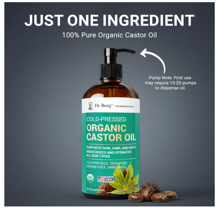 Dr. Berg 100% Pure Organic Castor Oil - Unrefined Cold-Pressed & Hexane-Free 473 ML