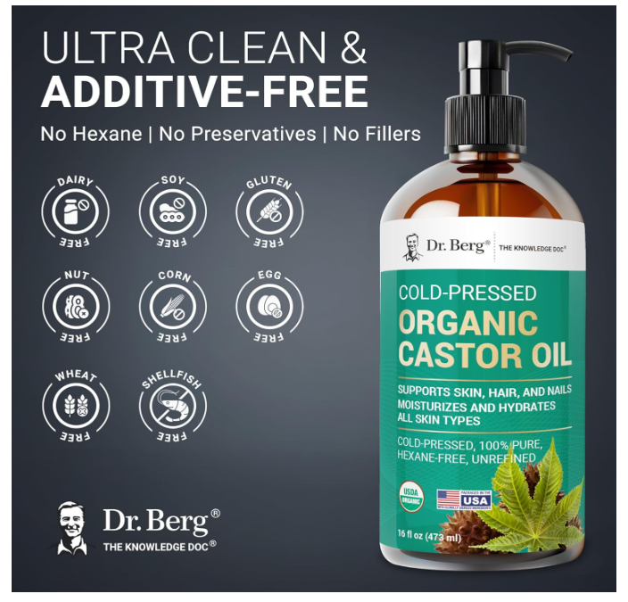 Dr. Berg 100% Pure Organic Castor Oil - Unrefined Cold-Pressed & Hexane-Free 473 ML