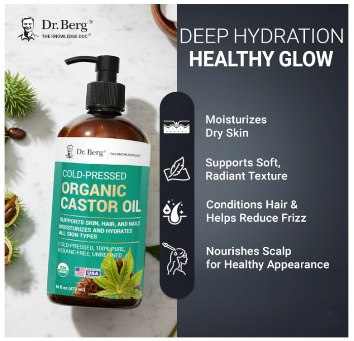 Dr. Berg 100% Pure Organic Castor Oil - Unrefined Cold-Pressed & Hexane-Free 473 ML