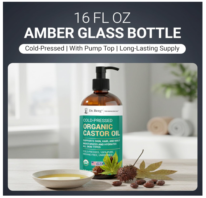Dr. Berg 100% Pure Organic Castor Oil - Unrefined Cold-Pressed & Hexane-Free 473 ML
