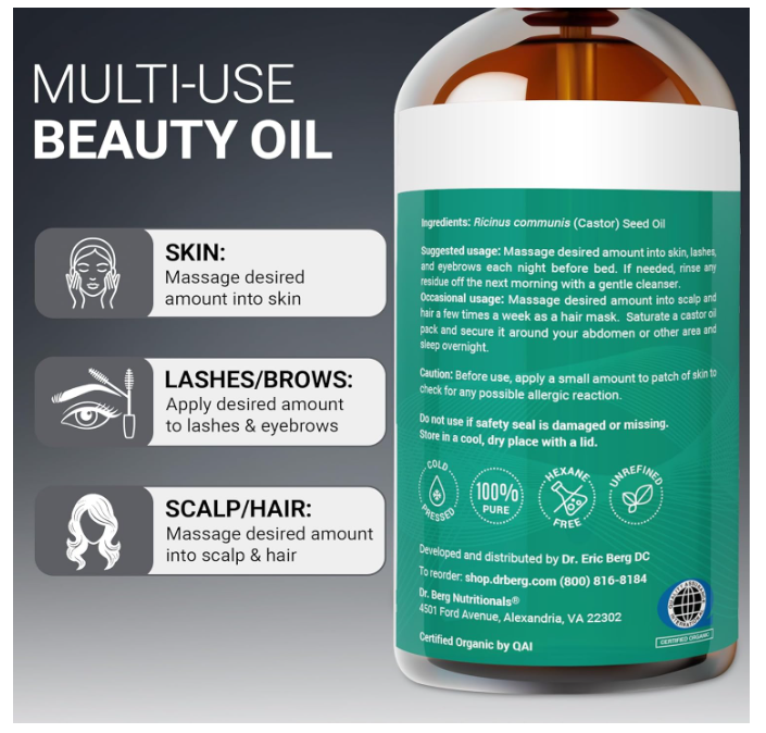 Dr. Berg 100% Pure Organic Castor Oil - Unrefined Cold-Pressed & Hexane-Free 473 ML