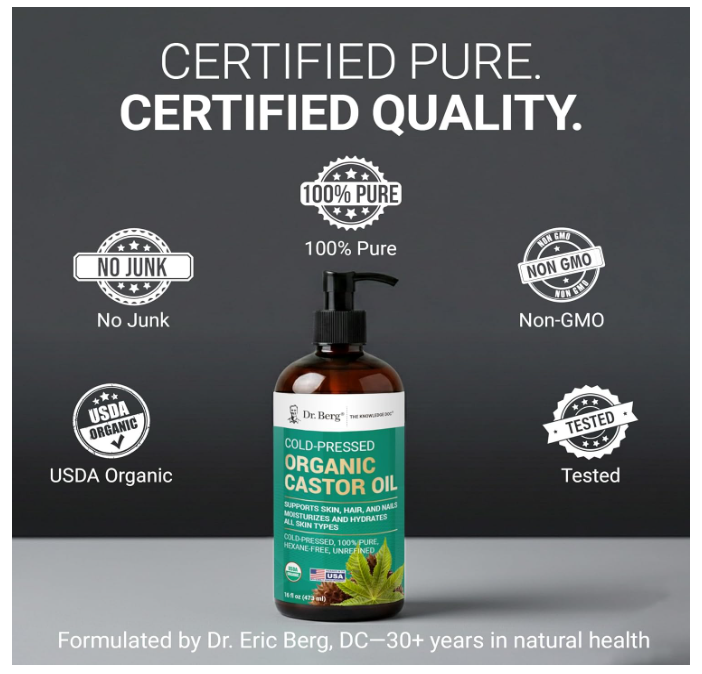 Dr. Berg 100% Pure Organic Castor Oil - Unrefined Cold-Pressed & Hexane-Free 473 ML