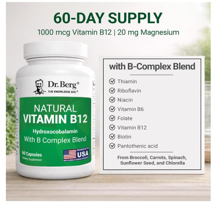 Dr. Berg Natural Vitamin B12 - 1,000 mcg Hydroxocobalamin - 60 Capsules