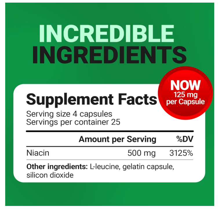 Niacin - 500 mg of Vitamin B3 - 100 Gelatin Capsules