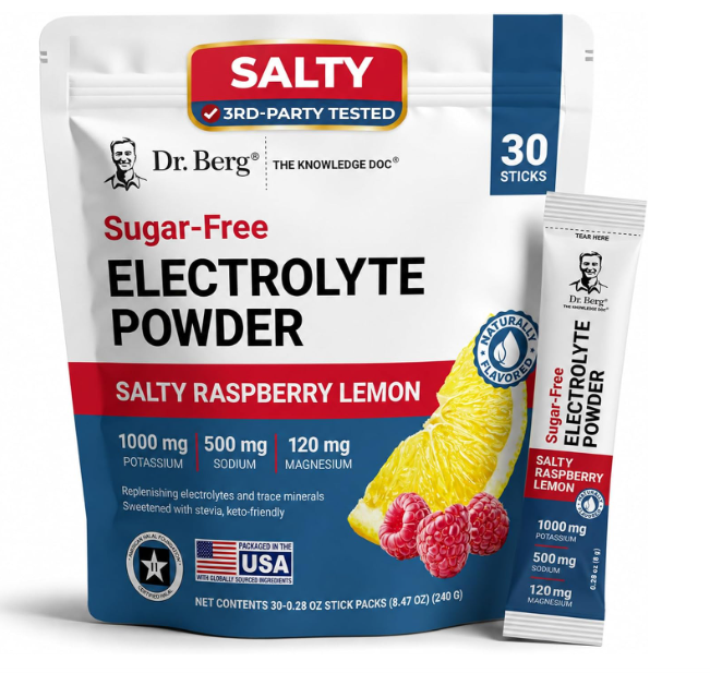 Dr. Berg Electrolyte Powder - Salty Raspberry Lemon Flavor 30-Sticks