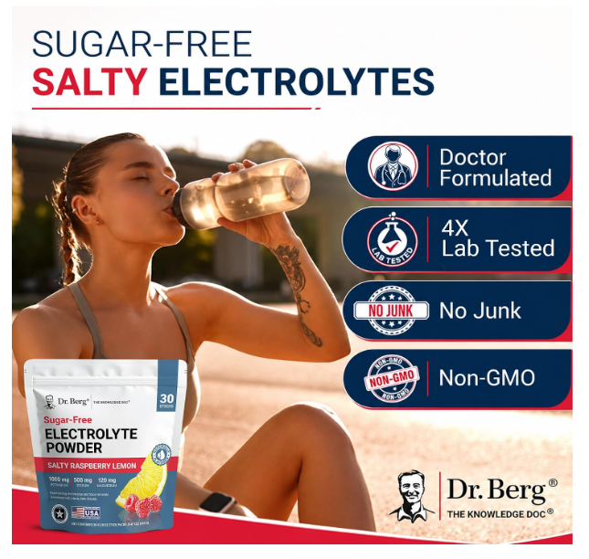 Dr. Berg Electrolyte Powder - Salty Raspberry Lemon Flavor 30-Sticks