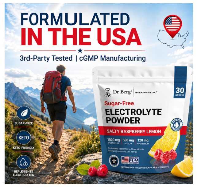 Dr. Berg Electrolyte Powder - Salty Raspberry Lemon Flavor 30-Sticks