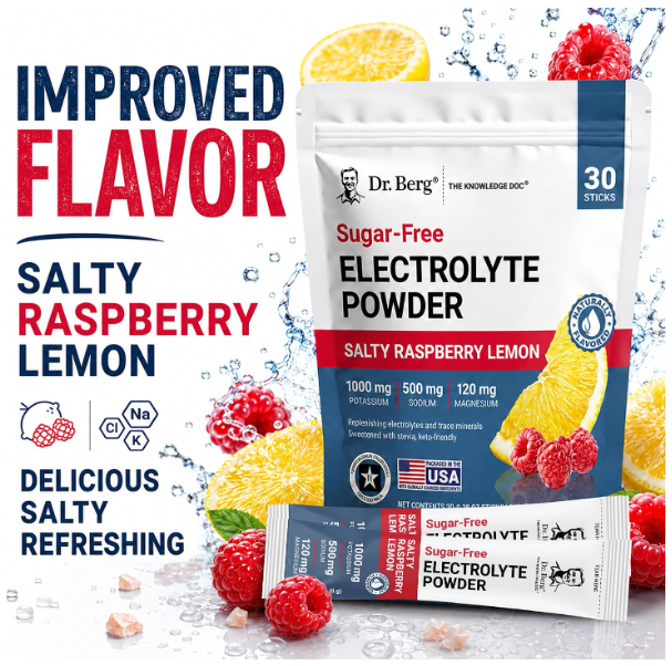 Dr. Berg Electrolyte Powder - Salty Raspberry Lemon Flavor 30-Sticks